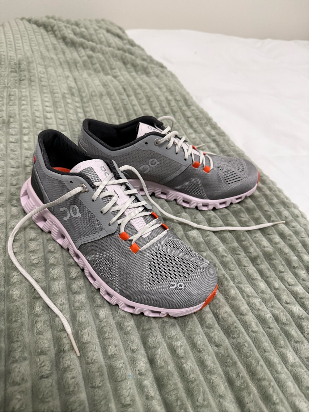 On Running Cloud Womens Athletic Shoes - Gray with Pink and Orange Accents